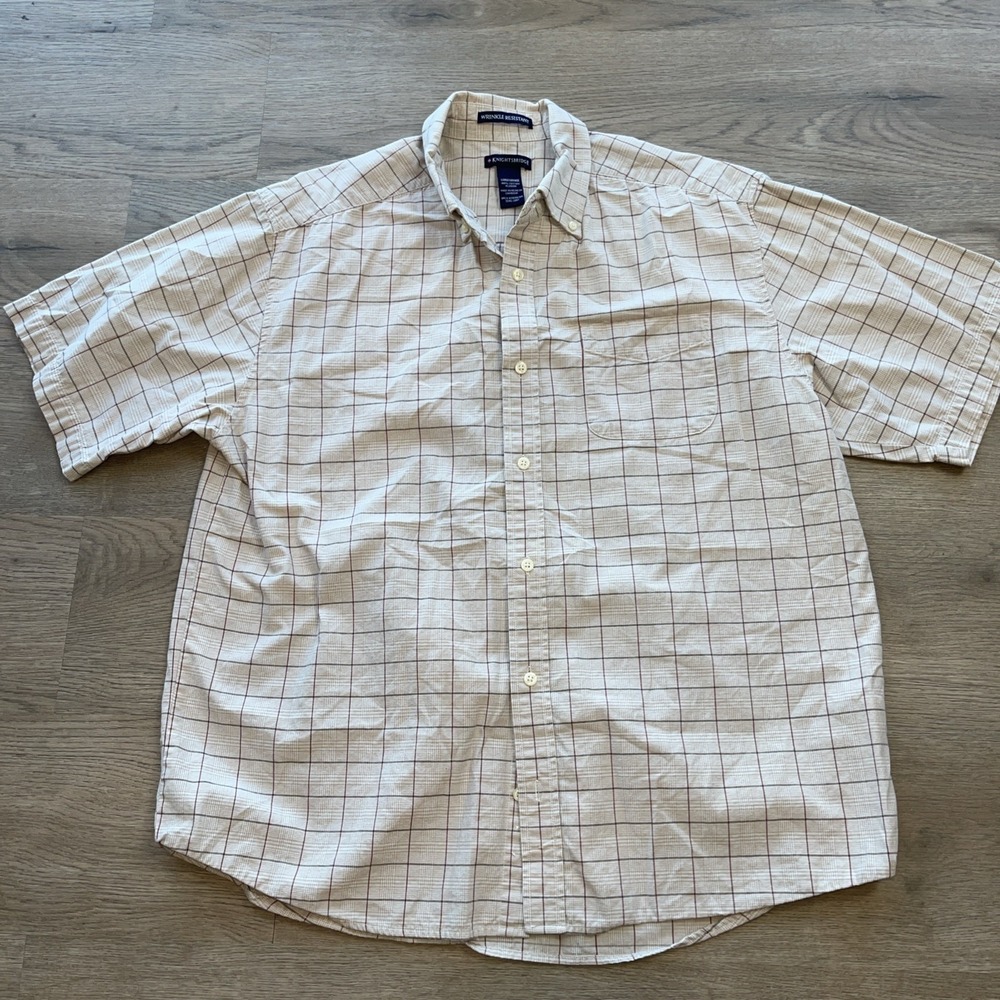 KnightsBridge Mens Ivory Check Casual Button-Down Shirt Size Large Short Sleeve